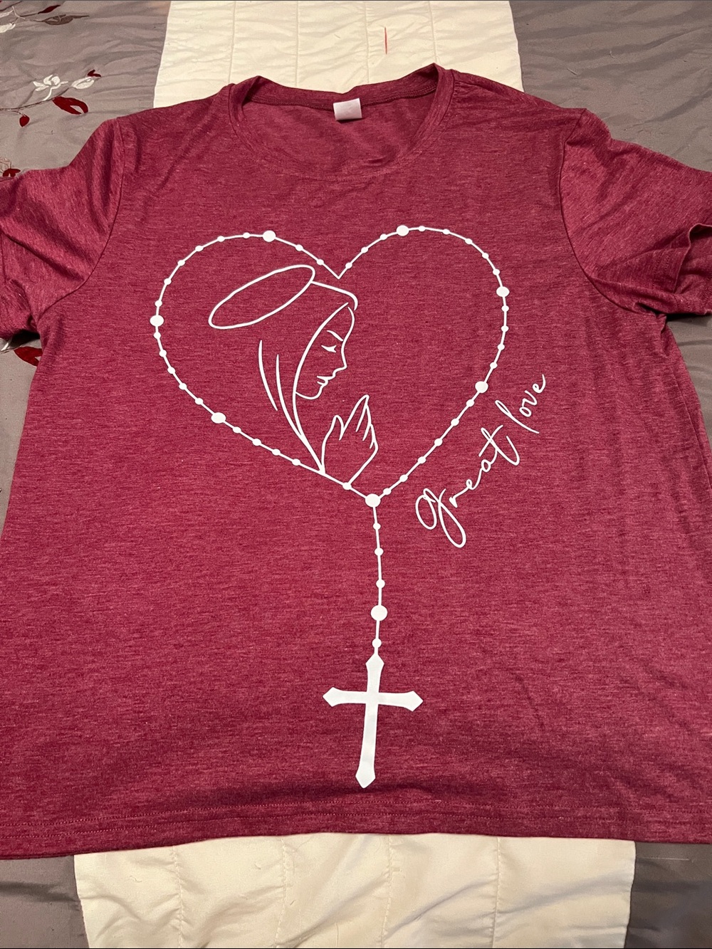 Girls' Burgundy Graphic Tee with Heart Rosary Design